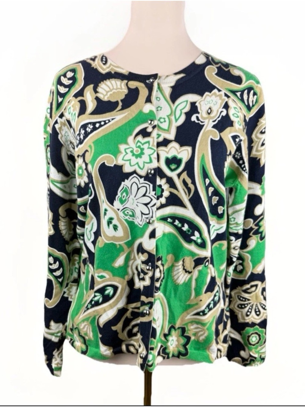 Peck & Peck Women's Cardigan Sz XL Green Blue Paisley Classy Old Money